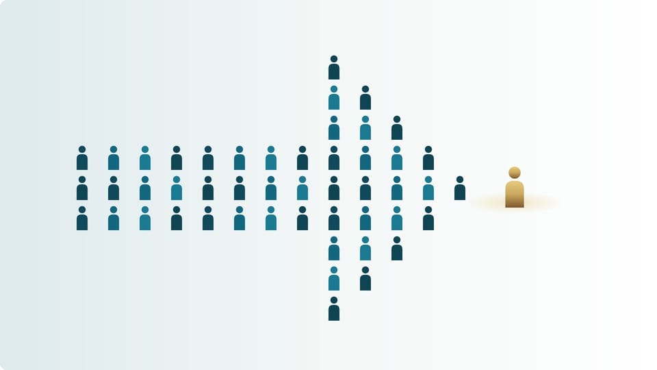A team drawn in teal, formed into an arrow, with one gold figure out in front