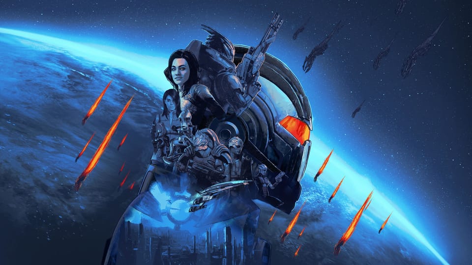 The Mass Effect crew in front of a glowing blue planet, with ships streaking past