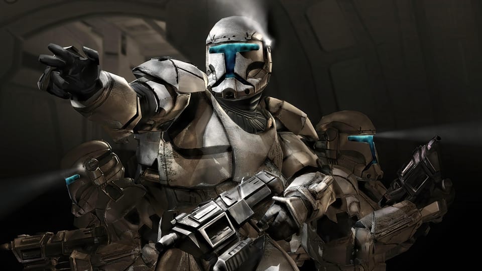 Delta Squad from Republic Commando: the lead commando, all in white, points the way, two of his squad behind him with their visor lights cutting the dark