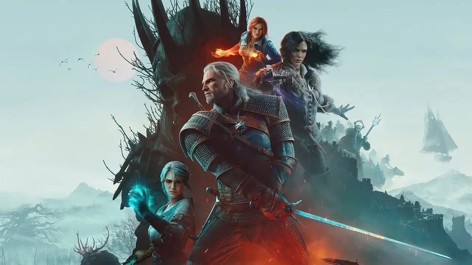 Geralt with his sword drawn in front of Ciri, Yennefer and Triss, a dead tree and a pale sun behind them